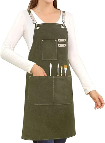 Miniatura 11 de Delantal de lona de algodón con espalda cruzada para pintar, jardinería, chef, barman, trabajo, impermeable, ajustable, con 3 bolsillos