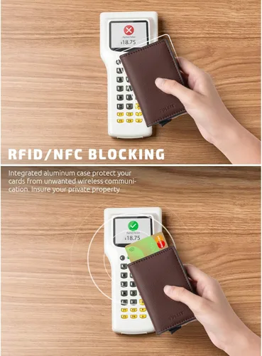 Miniatura 3 de VULKIT Tarjetero RFID Bloqueo de Cuero Automático Pop Up Cartera Aluminio Slim Pocket Tarjeta de Visita