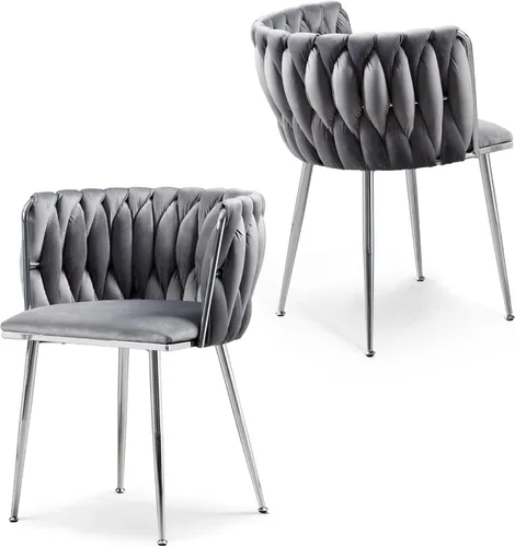 Miniatura 21 de Juego de 2 sillas de comedor de terciopelo, sillas laterales tapizadas tejidas con patas de metal negro, sillas decorativas modernas, sillas