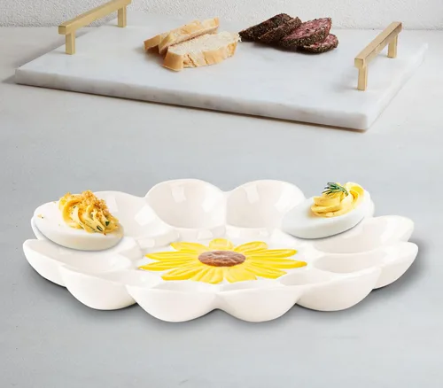 Miniatura 7 de YU&CH Bandeja de huevo Deviled de girasol de cerámica - Plato de huevo blanco para fiesta
