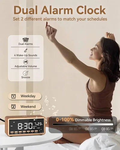 Miniatura 3 de Radio despertador digital para dormitorios, radio FM y máquina de sonido de ruido blanco con temporizador, altavoz Bluetooth, reloj despertador dual