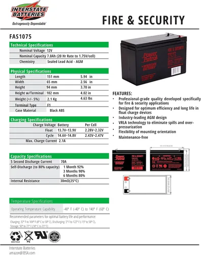 Miniatura 3 de Interstate Batteries 12V 7Ah Batería para Incendios y Seguridad (Terminal F1) SLA AGM VRLA Power Patrol Batería recargable de reemplazo para alarmas
