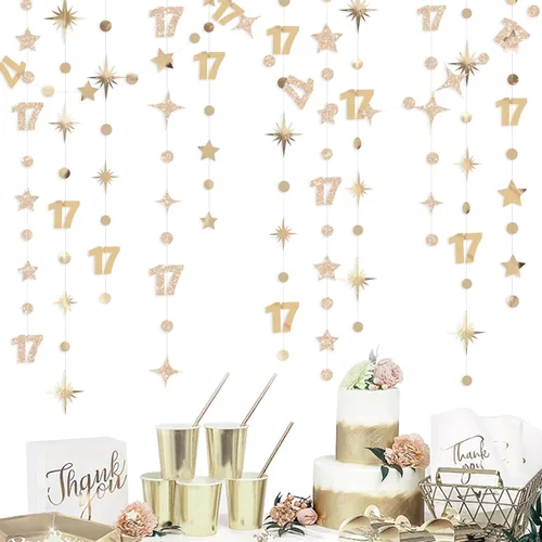 Miniatura 10 de Decoraciones negras de cumpleaños número 17, guirnalda de estrellas y círculos, telón de fondo para niñas y niños, vítores a 17 años de edad