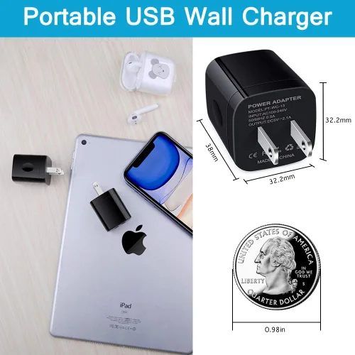 Miniatura 2 de Bloque de cargador de pared, 2.1A/5V de doble puerto USB, enchufe de pared para teléfono, adaptador USB de viaje, paquete de 3 cubos de cargador