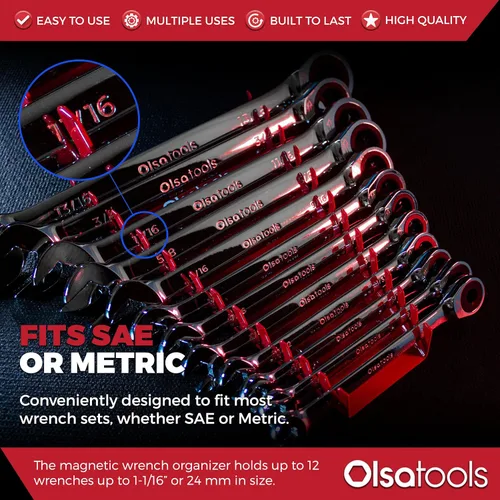 Miniatura 4 de Olsa Tools Organizador de llaves magnéticas de 12 piezas - Estante rechoncho montado en la pared - Bandeja de herramientas roja para tamaños SAE