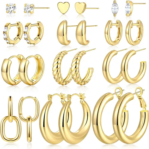 Juego de 12 pares de aretes de aro de oro para mujer, chapados en oro de 14 quilates, ligeros, trenzados, gruesos, paquete para regalo