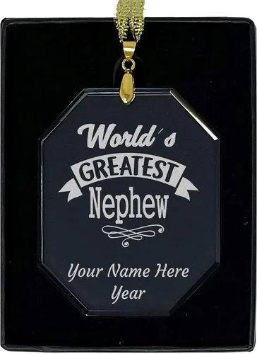 Miniatura 7 de LaserGram Adorno de Navidad de vidrio personalizado, sobrino más grande del mundo, idea de regalo grabada con láser personalizada (forma de diamante)