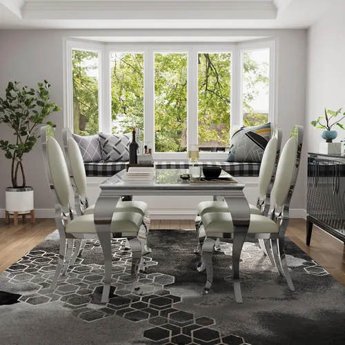 Miniatura 7 de Asday Sillas de comedor blancas y plateadas, sillas de comedor de piel sintética blanca con magnífica parte trasera ovalada y patas de acero