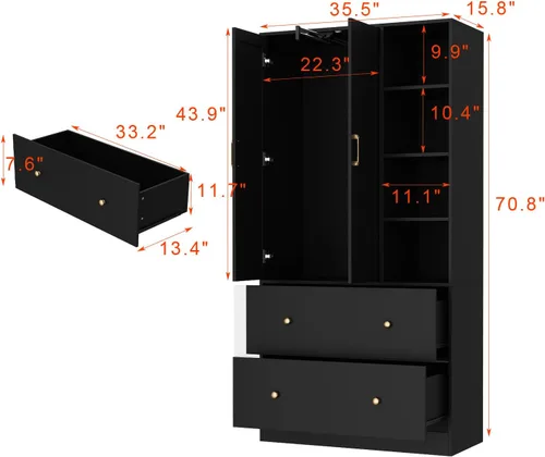 Miniatura 2 de Armario con espejo, armario de 2 puertas con 2 cajones y barra extensible para colgar, organizador de ropa tipo A negro