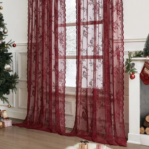 Miniatura 68 de SEEKRIGHT - 2 paneles de cortinas traslúcidas de encaje negro, cortinas góticas florales, cortinas victorianas con bolsillo para cortinero