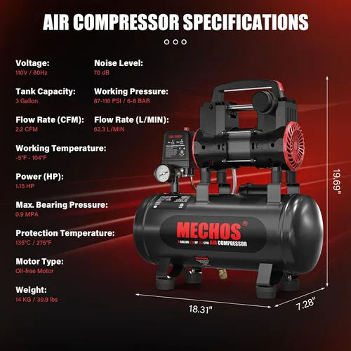 Miniatura 5 de Compresor de aire portátil con tanque de acero de 3 galones, 1.15 HP 2.2 CFM @ 90 PSI, compresor de aire sin aceite de 116 PSI máx. para garaje, uso