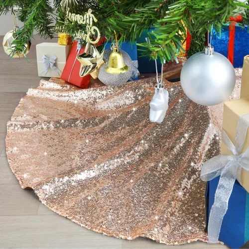 Falda para árbol de Navidad de 48 pulgadas, falda de árbol de Navidad con lentejuelas color oro rosa, decoraciones de Navidad para exteriores,