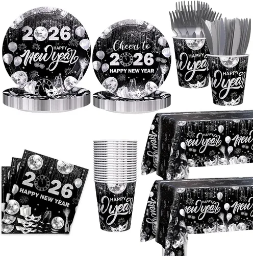 AIBIIN 194 decoraciones de fiesta de Año Nuevo 2026 para platos de fiesta de Año Nuevo, tazas, servilletas, manteles, vajilla, vajilla de disco