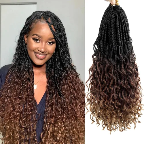 Miniatura 42 de Goddess Box Braids - Trenzas de cabello a ganchillo con extremos rizados, trenzas de caja bohemianas de 16 pulgadas, trenzas de ganchillo, 8 1B-4-30