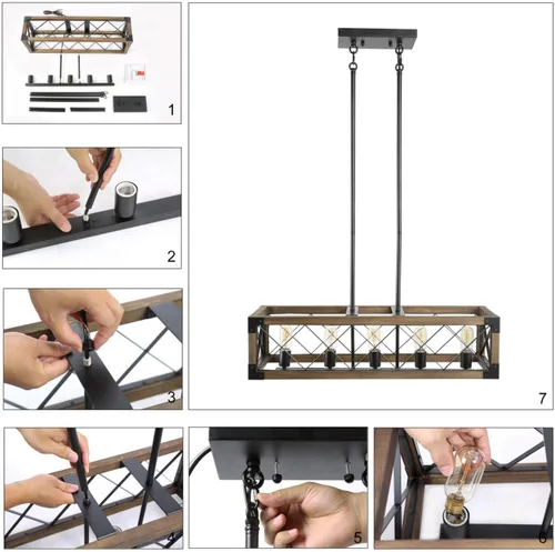 Miniatura 6 de Lámpara de araña de granja para comedor, lámpara rectangular de 5 luces, iluminación de isla de cocina de madera, 31.5 pulgadas de largo