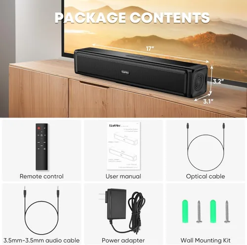 Miniatura 6 de Saiyin Sound Bar,Soundbar for TV with 4 Powerful Speakers,Surround Sound System for TV,17 inch Soundbar with Bluetooth/HDMI-ARC/Optical/AUX,Wall
