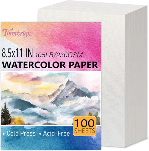 Threvortax 100 piezas de papel de acuarela de 8.5 x 11 pulgadas, 105 libras/230 GSM, papel de color de agua de prensa en frío para estudiantes y 100