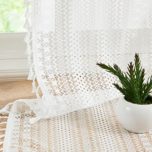 Miniatura 2 de Paneles de cortina cortos de encaje blanco transparente con borlas, cortinas bohemias para sala de estar, diseño de patrón geométrico bordado