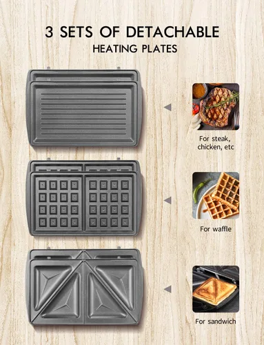 Miniatura 3 de Yabano Sandwichera, waflera 3 en 1, tostadora y parrilla eléctrica de prensa Panini con placa de revestimiento antiadherente, fácil de limpiar, se
