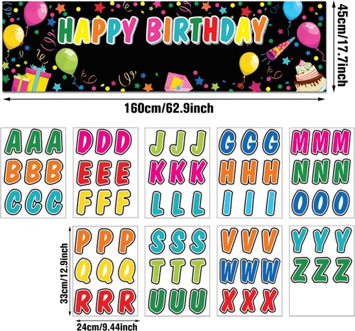 Miniatura 2 de Tatuo Pancarta de Cumpleaños Personalizada con Nombre DIY Pancarta Colorida de Feliz Cumpleaños Telón de Fondo con Calcomanías del Alfabeto Telón