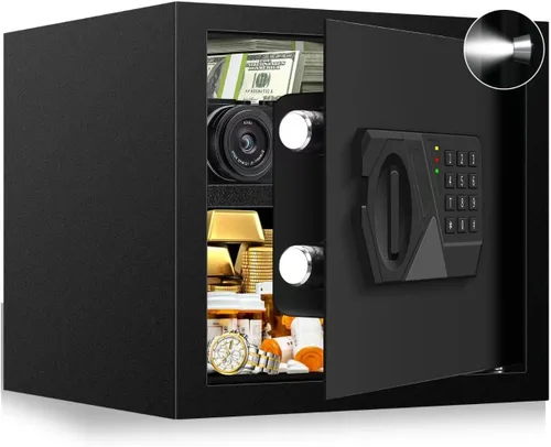 Miniatura 11 de Caja fuerte pequeña para uso doméstico, caja de seguridad digital con cerradura de combinación, estante extraíble y llaves de repuesto, caja fuerte