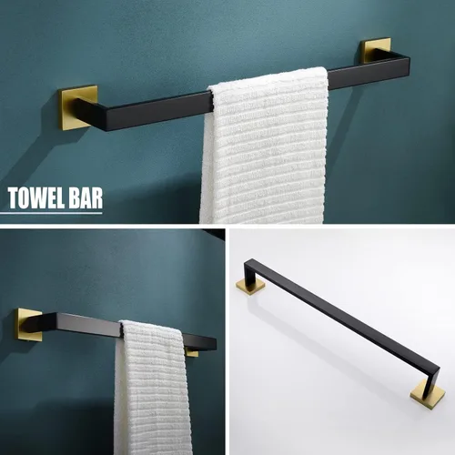 Miniatura 2 de YACVCL Juego de 5 piezas de accesorios para baño, juego de toallero negro y dorado, barra de toalla de 23.6 pulgadas, soporte para toallas de mano