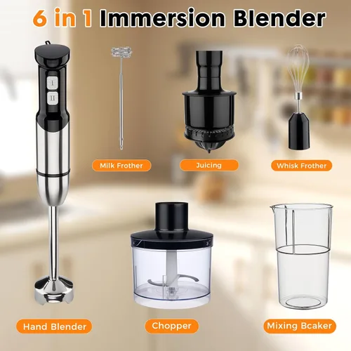 Miniatura 5 de Batidora de inmersión de mano inalámbrica 6 en 1 Mezclador de mano de acero inoxidable 25 velocidades Turbo Mode Electric Sitck Beaker Chopper Milk