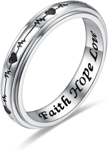 Miniatura 27 de 925 Sterling Silver Spinner Fidget Ring for Women: Musical Note Viking Rune Heartbeat Anxiety Stress Relieving Rotatable Ring Faith Hope Love