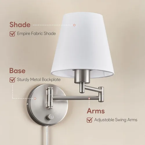 Miniatura 7 de VONLUCE Lámpara de pared con brazo oscilante ajustable moderna de níquel cepillado, iluminación de aplique de pared enchufable para mesita de noche
