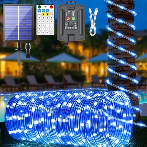 Miniatura 15 de Nuevas luces de cuerda solares mejoradas para exteriores, impermeables, 32m, 300 LED, luces de tira solares con control remoto, temporizador
