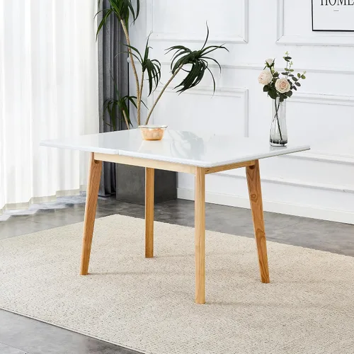 Miniatura 4 de Mesa de piedra sinterizada blanca con patas de madera de goma, escritorio plegable para computadora, escritorio de oficina plegable, adecuado
