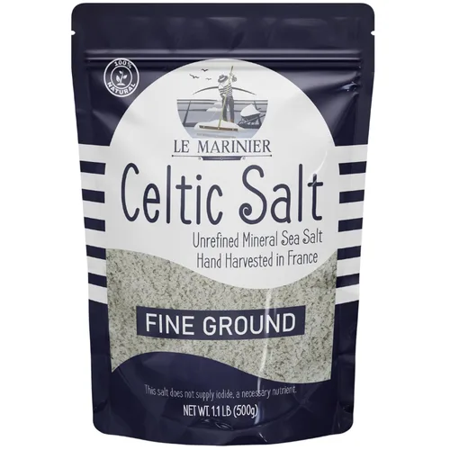 Le Marinier Sal marina celta orgánica molida fina, 1.1lb - 18oz. Rica en minerales. 100% natural y sin refinar. Sal marina francesa orgánica con