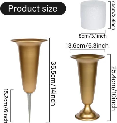 Miniatura 2 de Jarrón de metal para cementerio, jarrones con base de metal y estacas para mesa del hogar, flores de cementerio, decoraciones de tumbas Dorado