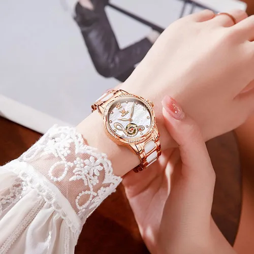 Miniatura 2 de OLEVS Relojes para mujer, de cuerda automática, oro rosa, diamante, reloj de pulsera mecánico automático, acero inoxidable, dos tonos, pulsera