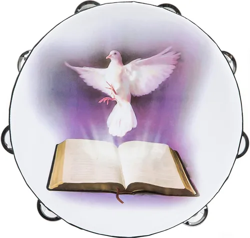 Miniatura 11 de Musfunny Pandereta de Cascabeles Dove Bible de Doble Fila de 8 Pulgadas para Adultos, Pandereta de Campana de Mano Tambor de Palmadas para Oración