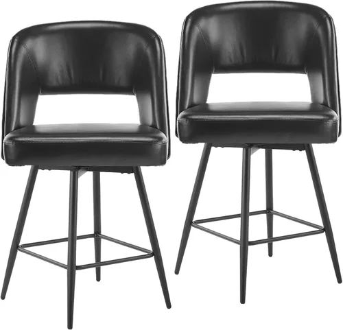 Miniatura 9 de Juego de 2 taburetes de bar modernos, taburetes de bar giratorios de poliuretano con respaldo abierto y patas de metal, sillas de bar tapizadas