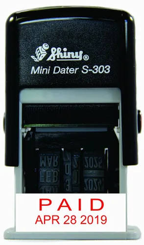 Shiny AS-SHIS303P S-303 Mini fechador, sello de fecha de goma autoentintado, pagado con la fecha, tinta roja