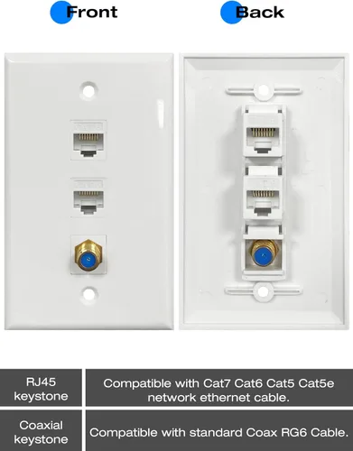 Miniatura 5 de Placa de pared coaxial Ethernet, 2 puertos Cat6 Keystone hembra a hembra, 1 puerto tipo F conector coaxial Keystone placa de pared - Blanco
