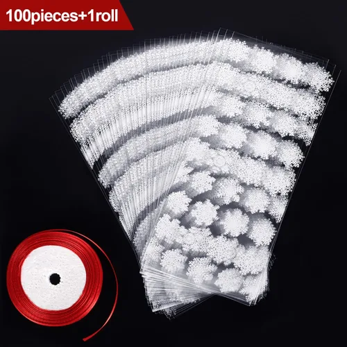 Miniatura 2 de Boao 100 piezas de bolsas de celofán para golosinas de Navidad con copos de nieve, bolsa de dulces con cinta para suministros de fiesta de Navidad