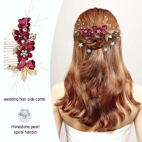 Miniatura 3 de Cinaci - 18 piezas de peines laterales para el pelo con diamantes de imitación y perlas en color burdeos para novias, para fiestas de boda, clips