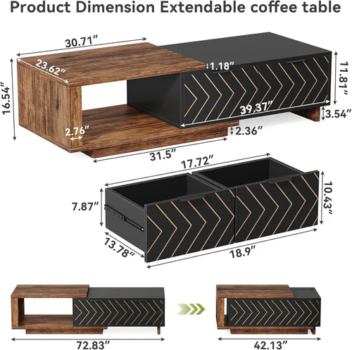Miniatura 2 de LITTLE TREE Mesa auxiliar de madera expandible con 2 cajones, mesa central rectangular de granja que ahorra espacio, perfecta para sala de estar
