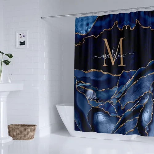 Miniatura 2 de Cortina de ducha azul marino y dorado, cortina de ducha con monograma con nombre personalizado de geoda ágata con 12 ganchos, decoración de bañera