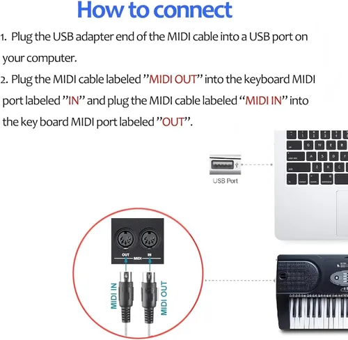 Miniatura 6 de TENINYU Convertidor de cable USB a MIDI 2 en 1 PC a sintetizador Interfaz de teclado de estudio de música, cable adaptador de enchufe de cable, 16