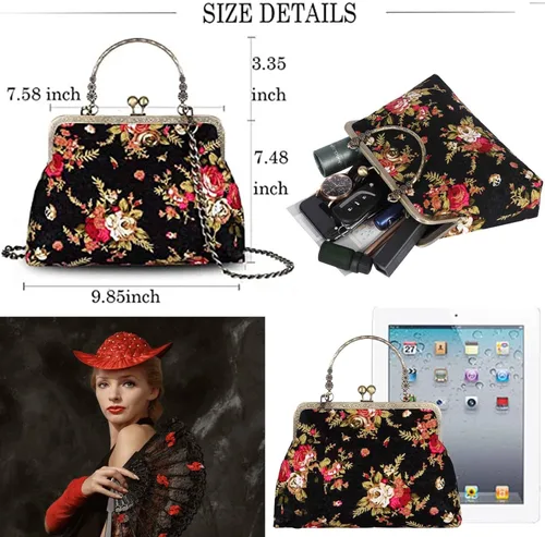 Miniatura 30 de Bolso floral con asa superior, bolso de noche Kiss Lock para mujer, bolso vintage