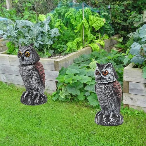 Miniatura 7 de Hedoc 2 Pack Señuelos de búho falso para ahuyentar a los pájaros, cabeza giratoria Disuasivos de aves, estatuas de plástico de espantapájaros