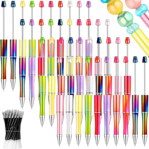 Miniatura 7 de Crtiin Kit de 100 bolígrafos de plástico con cuentas de 50 cuentas, con 50 recambios para manualidades, regalo para oficina (negro)