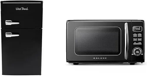 West Bend Mini refrigerador con congelador de 3 pies cúbicos con horno microondas retro Galanz de 0.7 pies cúbicos para encimera, cocción y Negro