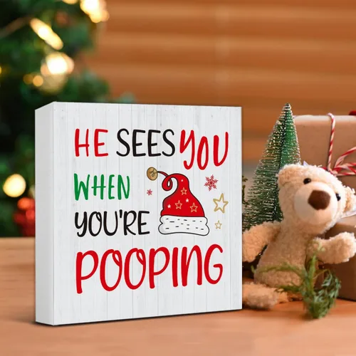 Miniatura 5 de Decoraciones de Baño de Navidad - Decoración Divertida de Navidad, Él Te Ve Cuando Estás Haciendo Popó Letrero de Madera de Baño, Decoración