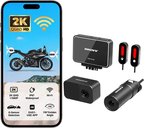 Miniatura 10 de INNOVV K6 - Cámara de salpicadero de motocicleta de doble canal QHD 2K+1080P, IP67 impermeable Mini Motocam con Wi-Fi, ángel dorado de 120°