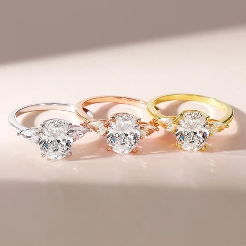 Miniatura 3 de EAMTI Anillos de compromiso de plata de ley 925 de 3 quilates, 3 piedras, corte ovalado, circonita cúbica, anillos de compromiso de boda para mujer